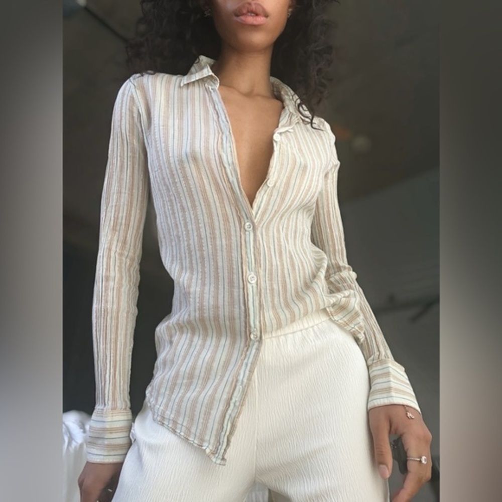 J Crew “the perfect shirt” Pin Strip Translucent Button Down